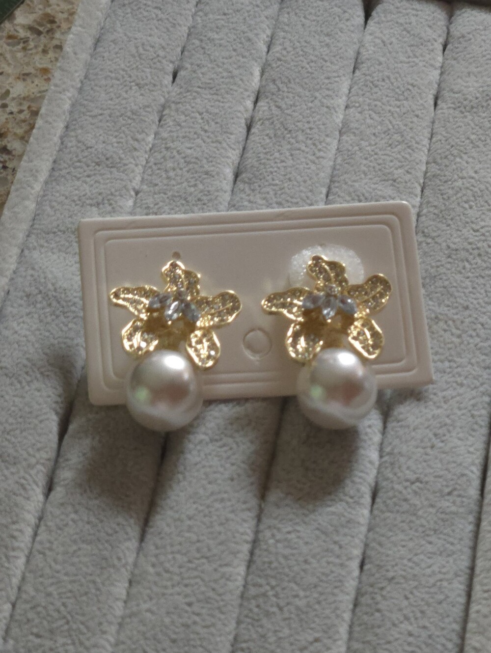 Gold Flower Pearl Drop Earrings with Clear Crystals Like Rhinestone - Picture 14 of 16